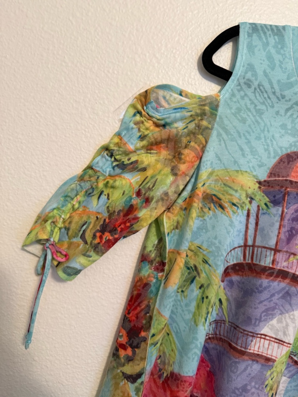 Tropical Turquoise Print Cold-Shoulder Top Size Petite Large - Picture 4 of 5